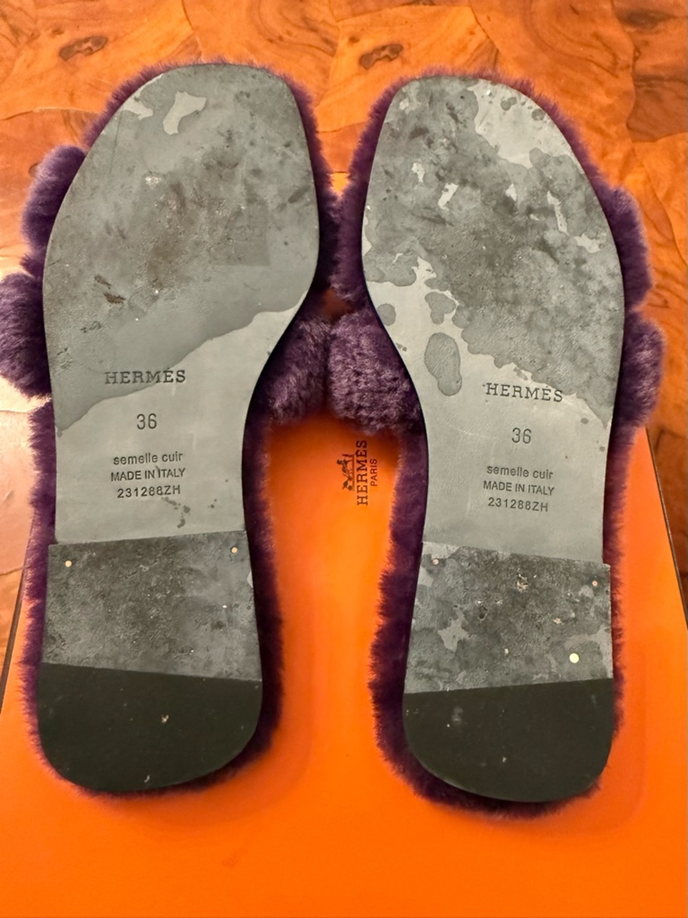 Hermes purple shearling Oran slides size 36 in box - Picture 4 of 9